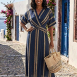 Etta — Striped Midi Dress with a V-Neckline and Short Sleeves