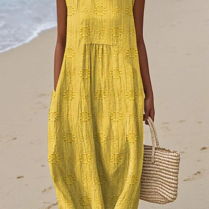 Cora — Boho Midi Dress with a Painterly Print, Sleeveless