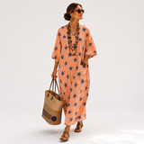 Selma — Coral Kaftan with Stars
