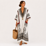 Clara — White Ethnic-Print Kaftan