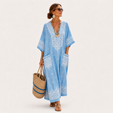 Lina — Sky Blue Ethnic-Print Kaftan
