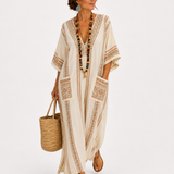 Dalia — Beige Ethnic-Print Kaftan