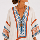 Amira — White Ethnic-Print Kaftan
