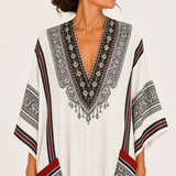 Clara — White Ethnic-Print Kaftan