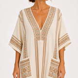 Dalia — Beige Ethnic-Print Kaftan