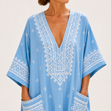 Lina — Sky Blue Ethnic-Print Kaftan