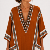 Nadia — Terracotta Ethnic-Print Kaftan