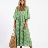 Amanda — Printed Midi Dress with Three-Quarter Sleeves and a V-Neckline