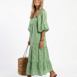 Amanda — Printed Midi Dress with Three-Quarter Sleeves and a V-Neckline