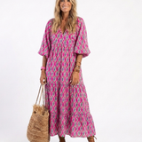Amanda — Printed Midi Dress with Three-Quarter Sleeves and a V-Neckline