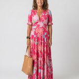 April — Floral Midi Dress with Short Sleeves and a V-Neckline