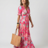 April — Floral Midi Dress with Short Sleeves and a V-Neckline