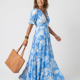 April — Floral Midi Dress with Short Sleeves and a V-Neckline