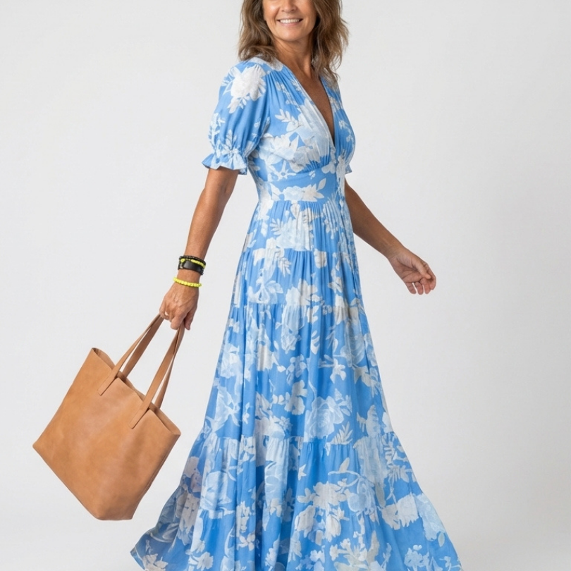 April — Floral Midi Dress with Short Sleeves and a V-Neckline