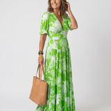 April — Floral Midi Dress with Short Sleeves and a V-Neckline