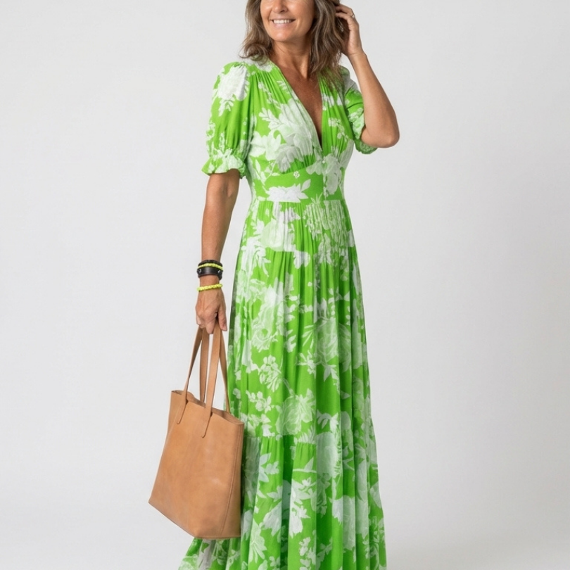 April — Floral Midi Dress with Short Sleeves and a V-Neckline