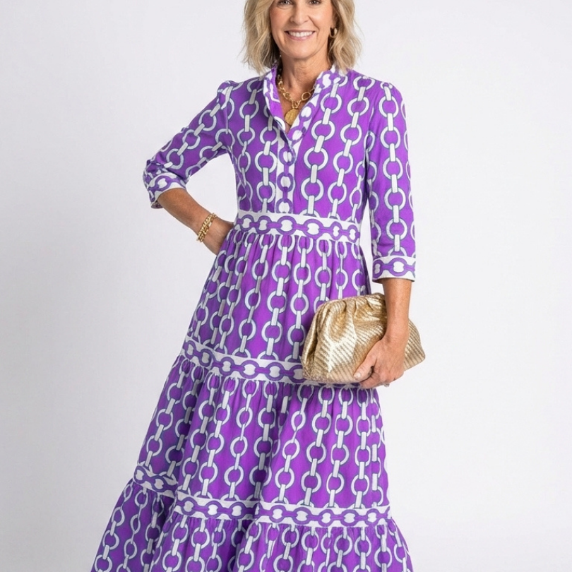 Arabella — Midi Dress with Three-Quarter Sleeves and a Chain Print