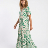 Aria — Floral Midi Dress with Short Sleeves and a V-Neckline