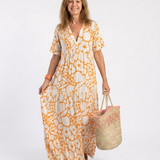 Aria — Floral Midi Dress with Short Sleeves and a V-Neckline