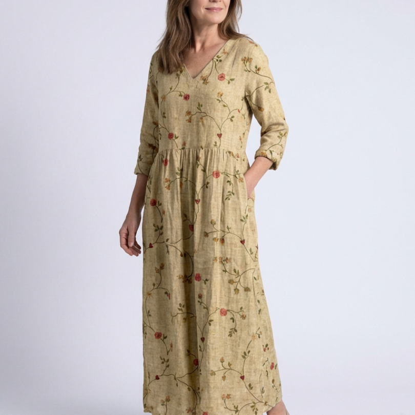 Alice — Floral-Print Maxi Dress with a V-Neckline and Three-Quarter Sleeves