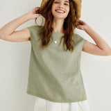 Sage — Linen Top with Floral Sleeves