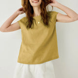 Sage — Linen Top with Floral Sleeves