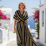 Emilia — Striped Midi Dress with a V-Neckline and Short Sleeves
