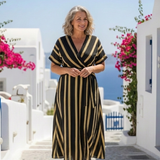 Emilia — Striped Midi Dress with a V-Neckline and Short Sleeves