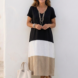Fenella — Midi Dress with a V-Neckline and Short Two-Tone Sleeves