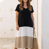 Fenella — Midi Dress with a V-Neckline and Short Two-Tone Sleeves