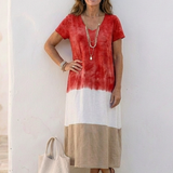 Fenella — Midi Dress with a V-Neckline and Short Two-Tone Sleeves