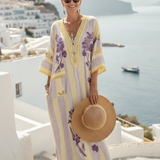 Eileen — Floral-Striped Maxi Dress with a V-Neckline and Half Sleeves