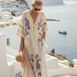 Eileen — Floral-Striped Maxi Dress with a V-Neckline and Half Sleeves