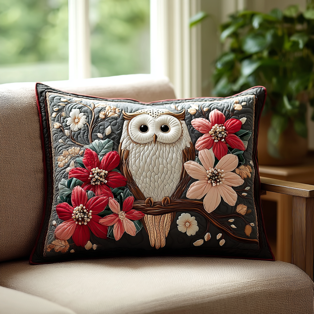 Owl in Bloom quilted cushion cover