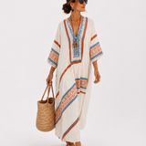 Amira — White Ethnic-Print Kaftan