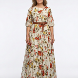 Isabella — Maxi Dress with a Belt, Round Neckline and Three-Quarter Sleeves