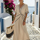 Elspeth — Midi Dress with a V-Neckline and a Gathered Waist