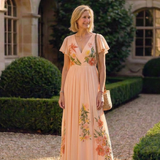 Audrey — Pleated Floral Maxi Dress with a V-Neckline