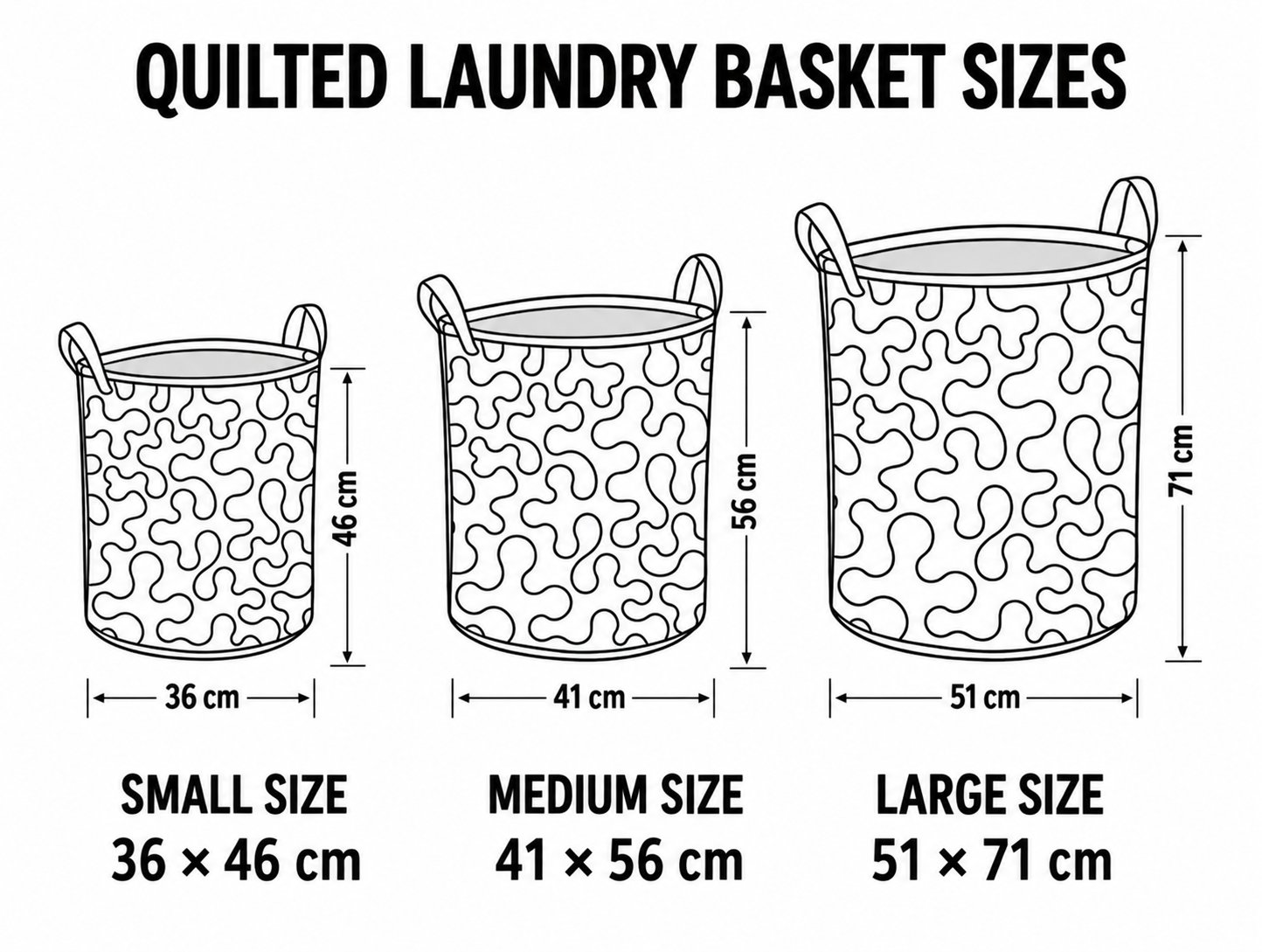 Laundry basket sizes – Small 36×46 cm, Medium 41×56 cm, Large 51×71 cm